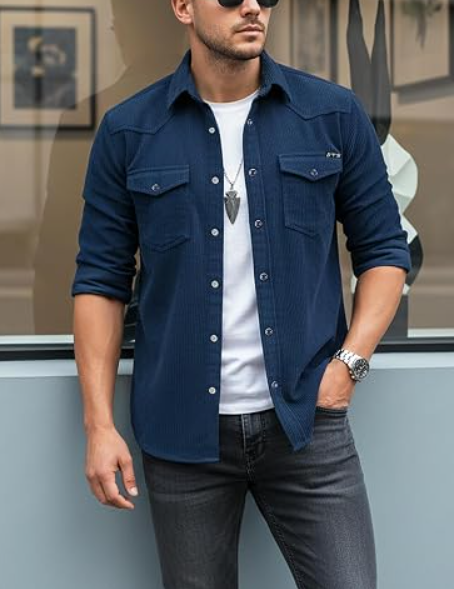 Men's Western Corduroy Button Front Shirt Jacket - Image 2