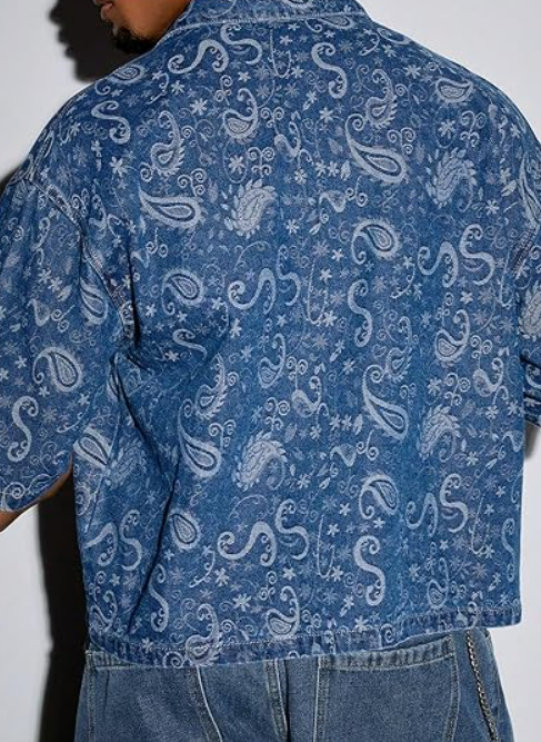 Men's Paisley Print Denim Shirt with Patch Pockets