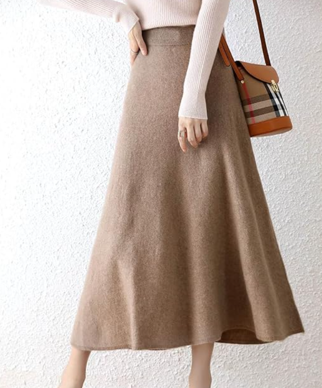 Women's Merino Wool Ribbed Knit Elastic Waist Long Skirt