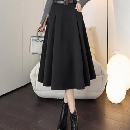 Women's High Waist Pleated A-Line Wool Midi Skirt