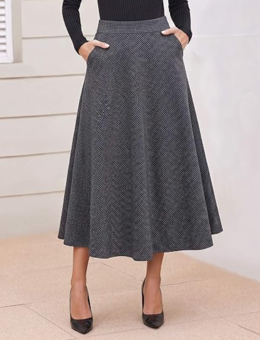 Women's Plaid A-Line Skirt with Elastic Waist and Pockets