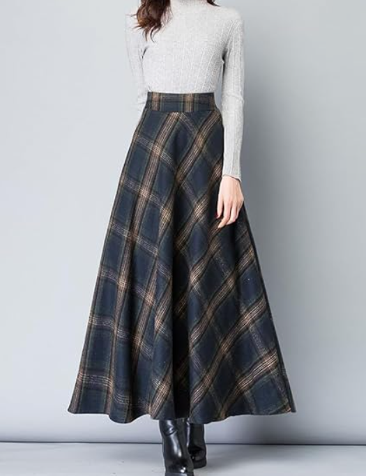 Women's Warm Wool Blend Pleated Plaid Long Skirt
