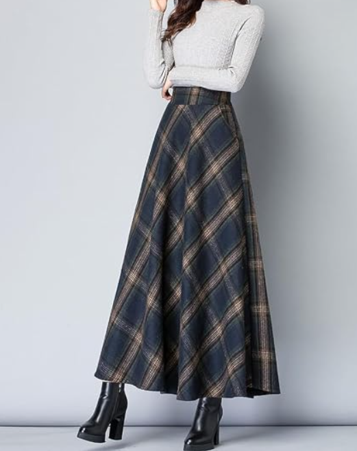 Women's Warm Wool Blend Pleated Plaid Long Skirt - Image 2