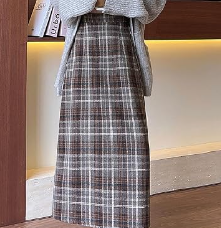Women's High Waist Plaid A-Line Maxi Skirt with Side Slit