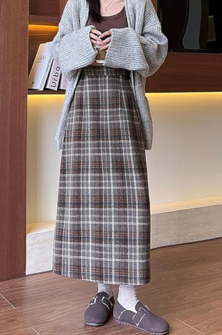 Women's High Waist Plaid A-Line Maxi Skirt with Side Slit