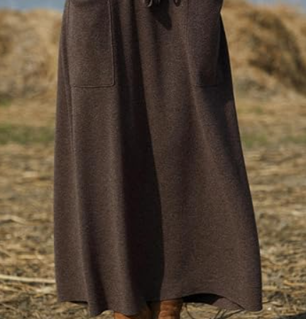 Women's Pleated Wool Blend Midi Skirt with Pockets and Drawstring Waist
