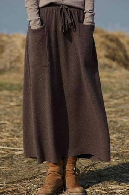 Women's Pleated Wool Blend Midi Skirt with Pockets and Drawstring Waist