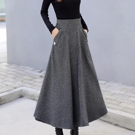 Women's Houndstooth Plaid Pleated A-Line Midi Skirt with Pockets
