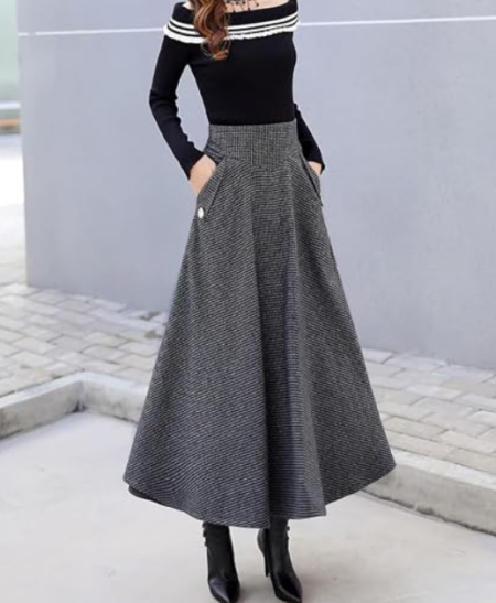 Women's Houndstooth Plaid Pleated A-Line Midi Skirt with Pockets