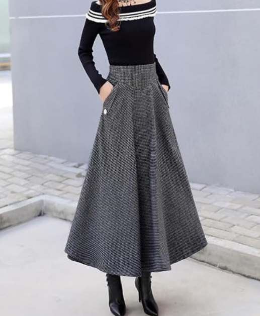 Women's Houndstooth Plaid Pleated A-Line Midi Skirt with Pockets