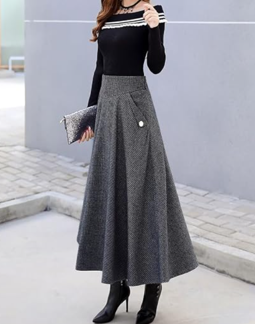 Women's Houndstooth Plaid Pleated A-Line Midi Skirt with Pockets - Image 2